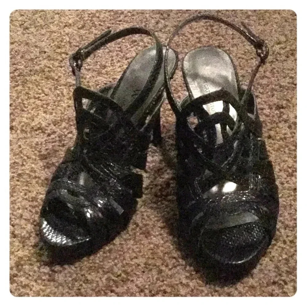 Worthington Black Faux Snakeskin Strappy Caged Stiletto Heels Slingback Sandals
